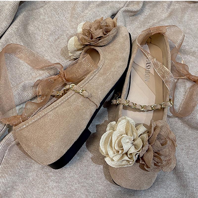 Fairy Tale Style Shoes Woman Eternal Rose Flower Ballet Flats Ladies Autumn Sweet Ribbon Tie Leg Chain Mary Janes Lolita Loafers