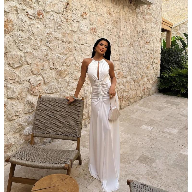 Elegant Sleeveless Round Neck Wrap Tie Pleated A-Line Maxi Dress Women Small белый