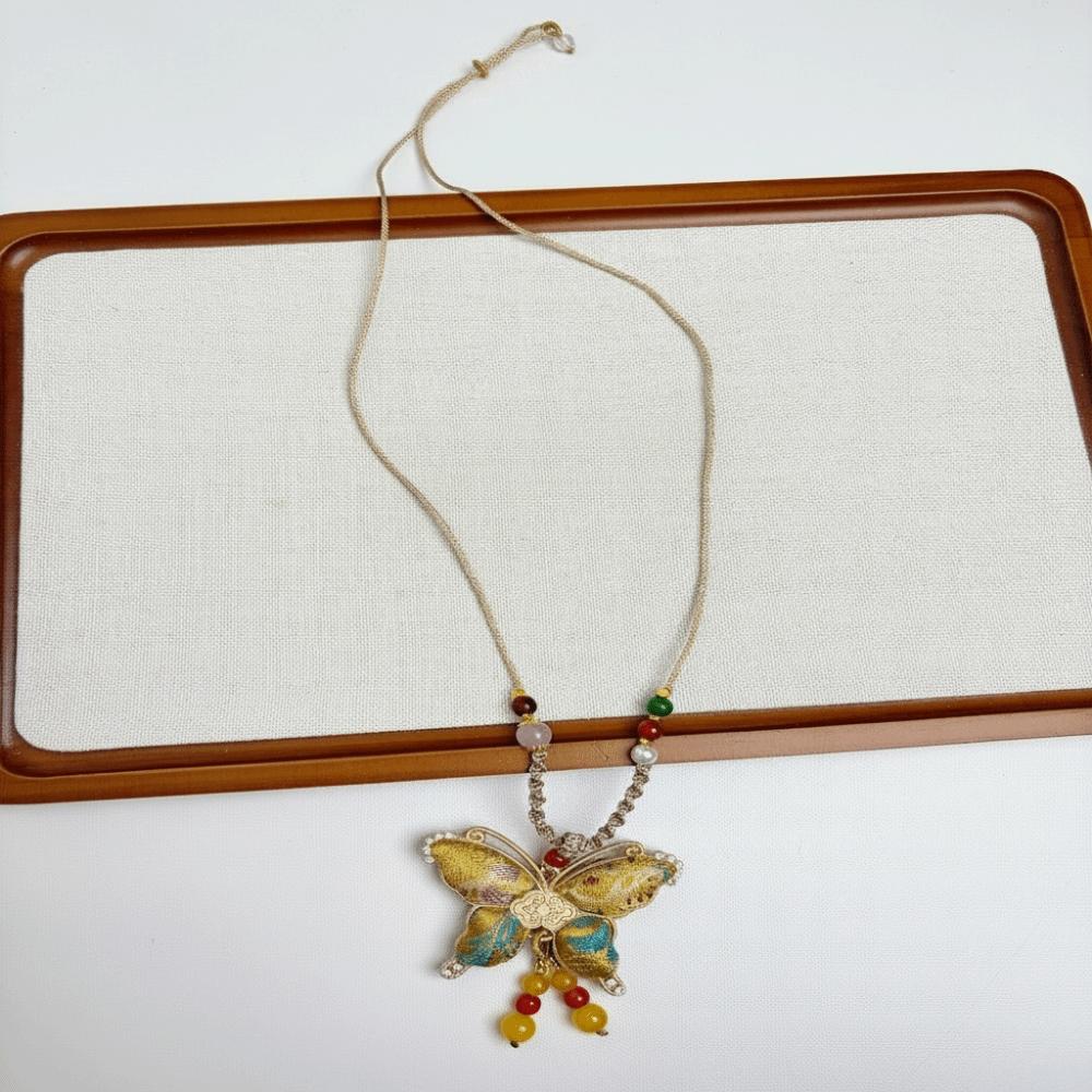 Butterfly Pendant Brocade Butterfly Necklace Embroidered Pendant Necklace  Ethnic Fashion жёлтый