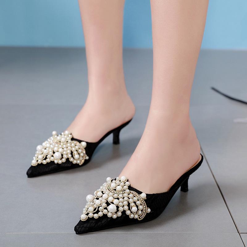 Hot Sale Lace Pointed Handmade String Pearl Rhinestone Slippers High Heels Single Shoes Sandals Wedding Shoes Women