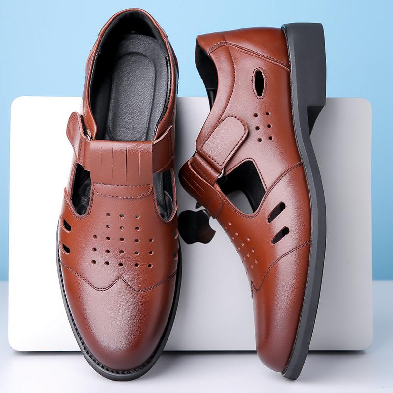 2025 Summer New Men's Business Dress Leather Shoes Men's Hollow Breathable Sandals Velcro Leather Sandals Men 1508