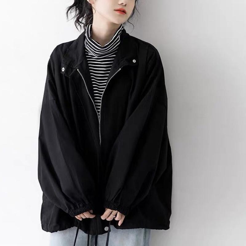 Retro Dámské Jarní a Podzimní Nové Prošívané Stojáček Kapsa na Zip Módní Jednobarevné Volné Ležérní Bundy s Dlouhým Rukávem