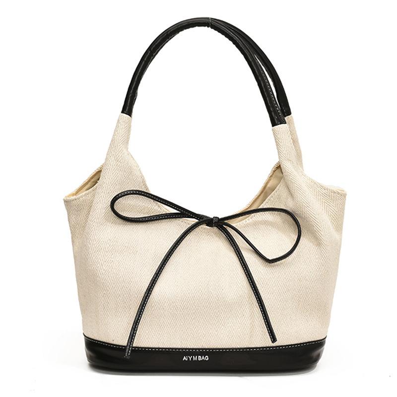 Niche Vintage Black and White Patchwork Canvas Tote Large Capacity Multifunctional Commuter Tote