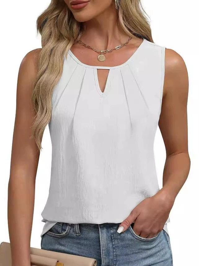 2025 Summer Women's Pleated Solid Color Sleeveless Hollow Out T-shirt Vest