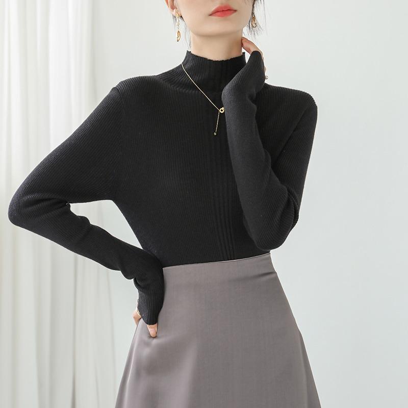 Autumn Long Sleeve Casual Base Knitted Women's Sweater Winter Thin Half High Collar Pullover Sweaters Women Solid Slim Female Knitwear Jumpers 25816