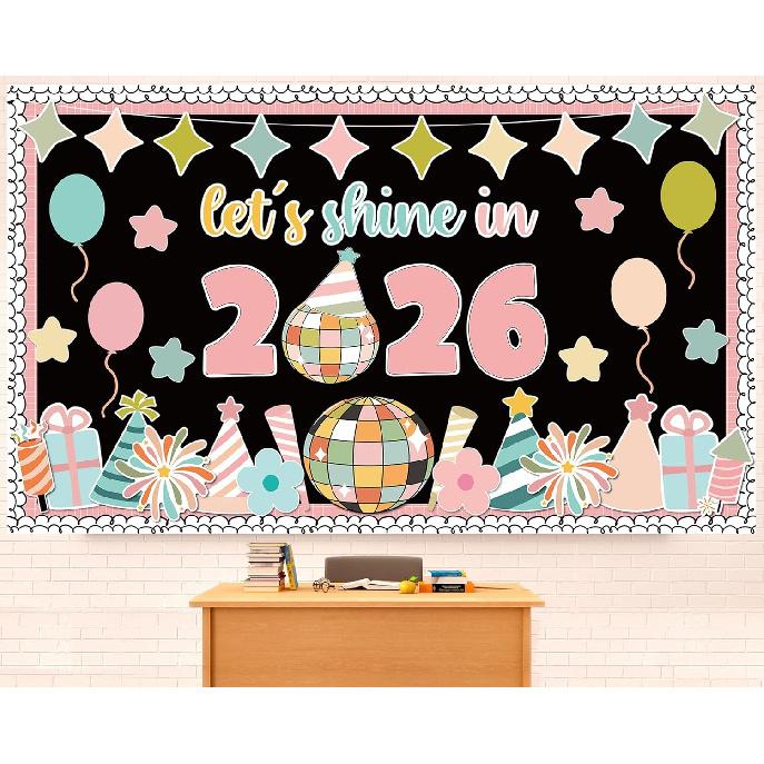 New Year Bulletin Borad Set New Year Disco Balls Stars Cutouts 2026 Classroom Decoration for New Year Celebration Holiday School Classroom Chalkboard