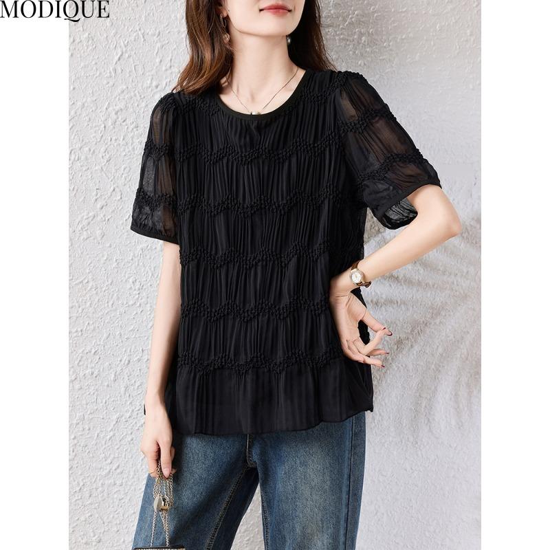 

MODIQUE Весна Лето Большой Размер Новый Женский Свободный Винтажный Шифоновый Однотонный Блузка Рубашки Женский Повседневный Оверсайз Короткий Рукав Круглый Вырез Топ 5XL чёрный