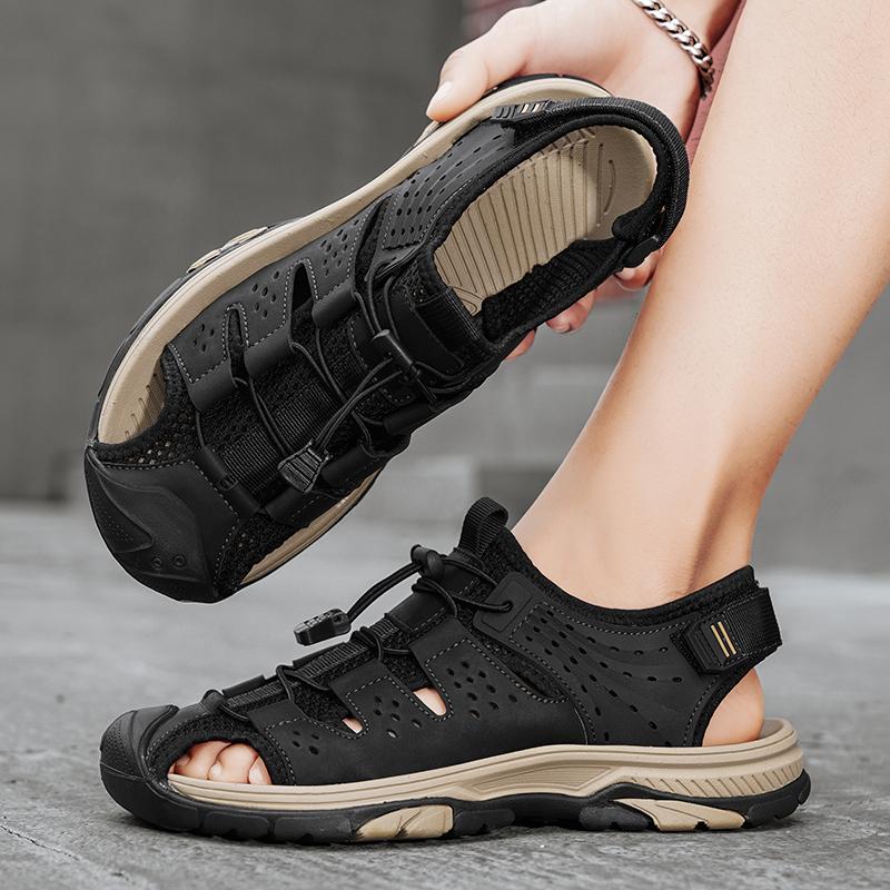 Summer Men's Genuine Leather Sandals Breathable Casual Beach Shoes Lightweight Mesh Roman Slippers Non-Slip Outdoor Design