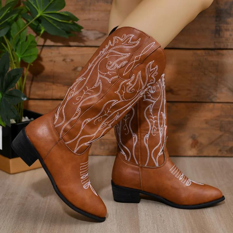 Shoes for Women 2024 High Quality Mid-Calf Women's Boots Outdoor Modern Boots Women Embroidery Slip-on Square Heel Ladies Shoes
