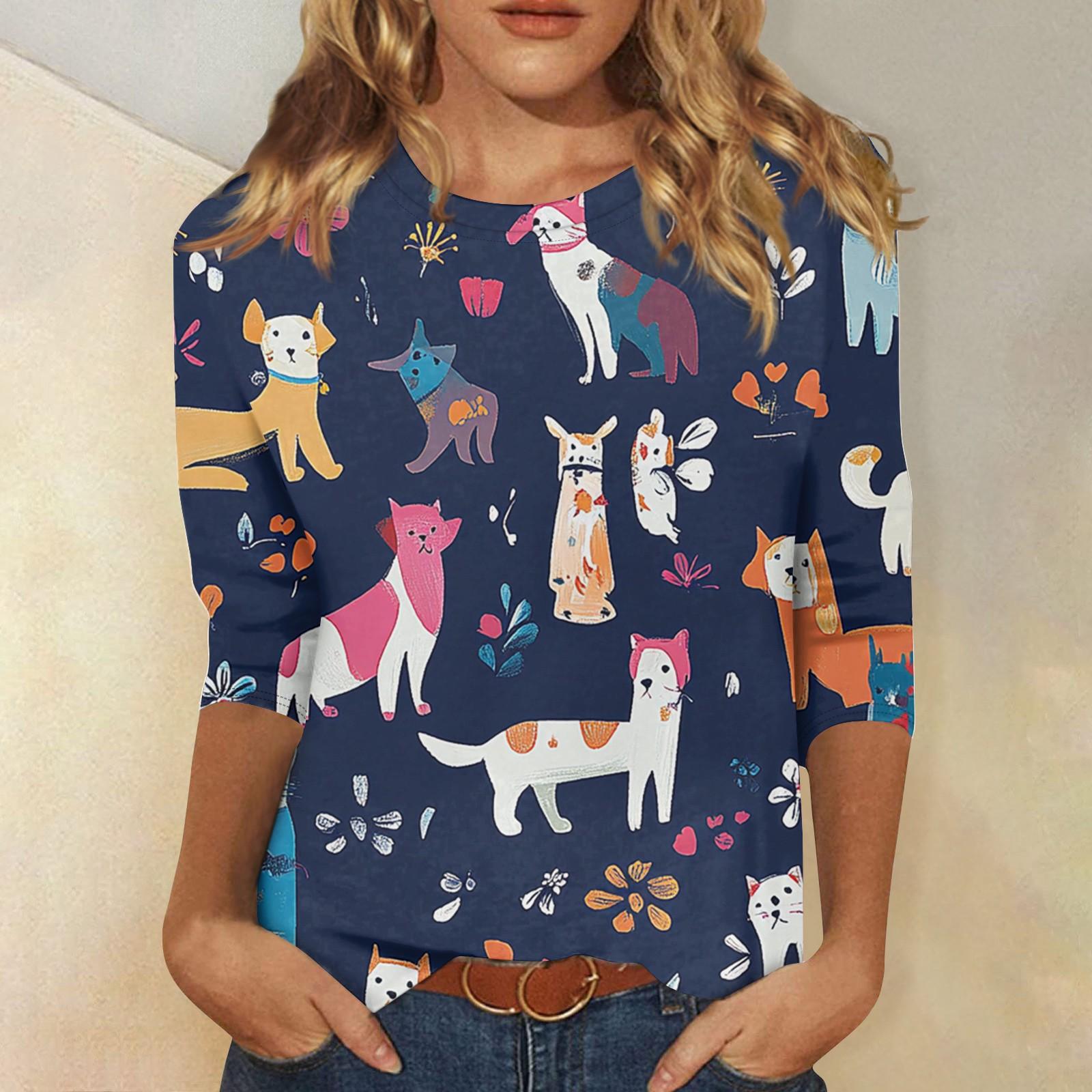 

Women s Fashion Casual Round Neck 3/4 Sleeve Loose Printed T-Shirt Ladies Top L