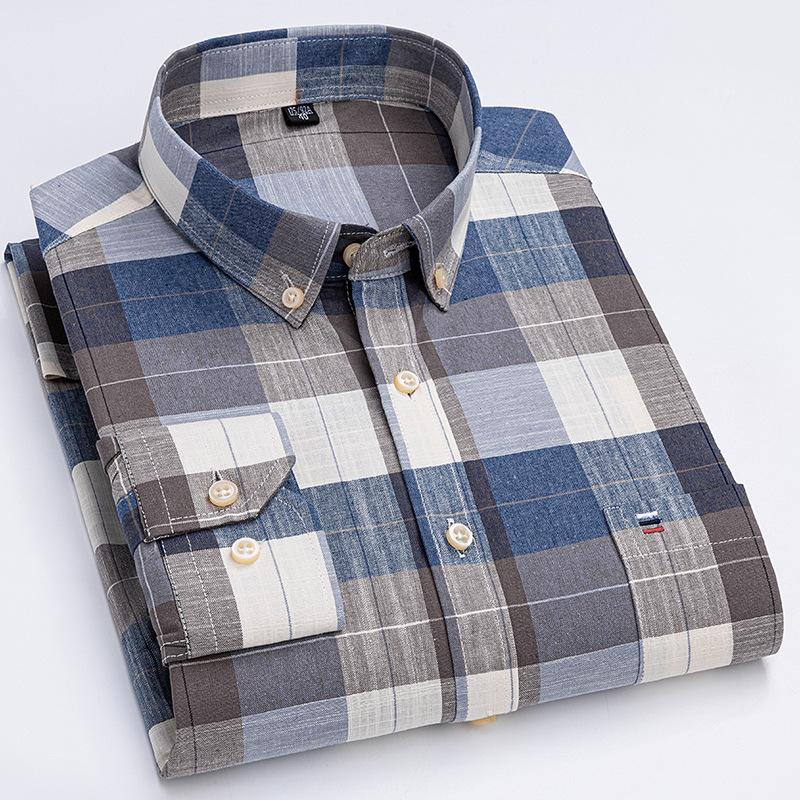 Cotton Men's Oxford Shirts Long Sleeve Casual Plaid Soft Regular Fit Formal Dress Shirt Social Blouse Male Clothes