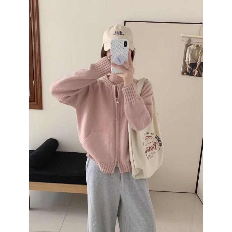 Autumn and winter new double pocket zipper knitted cardigan women's loose casual double head zipper knitted sweater jacket