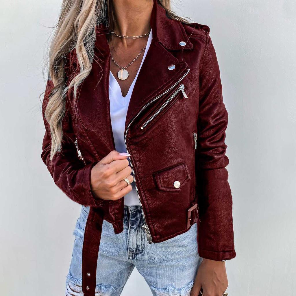 Women Spring Autumn Casual Long Sleeve Zip Pu Motorcycle Jacket Coat