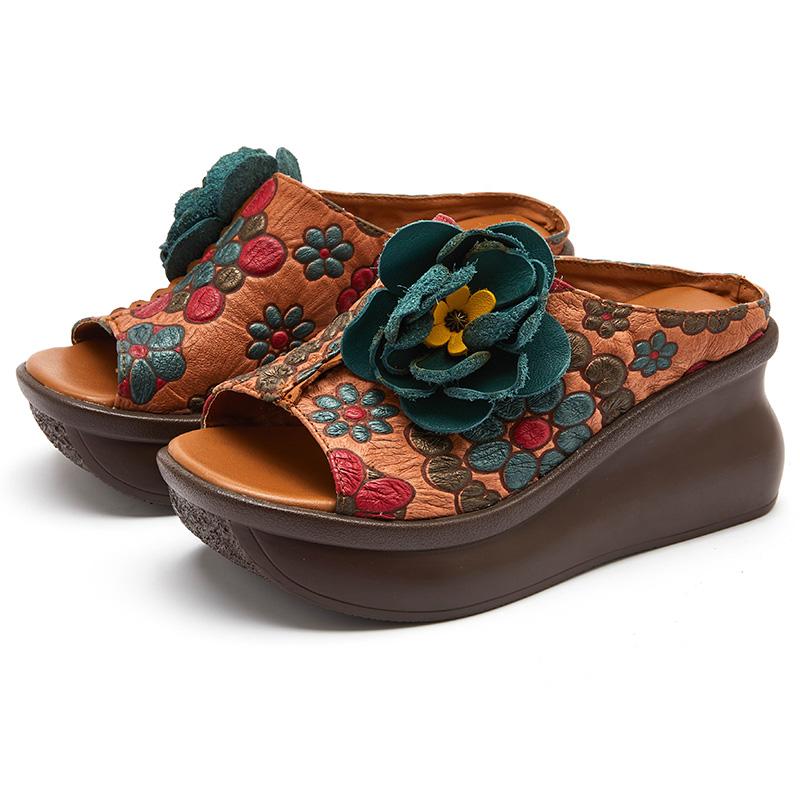 Fashion GKTINOO 2025 Retro Slippers Genuine Leather Shoes Handmade Slides Flip Flop On The Platform Clogs For Women Flower Woman Slipper