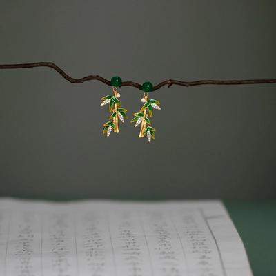 Raffinato orecchino a goccia smaltato stile cinese vintage, orecchini in giada Hetian verde naturale a forma di bambù per donna, foglie, gioielli Hanfu