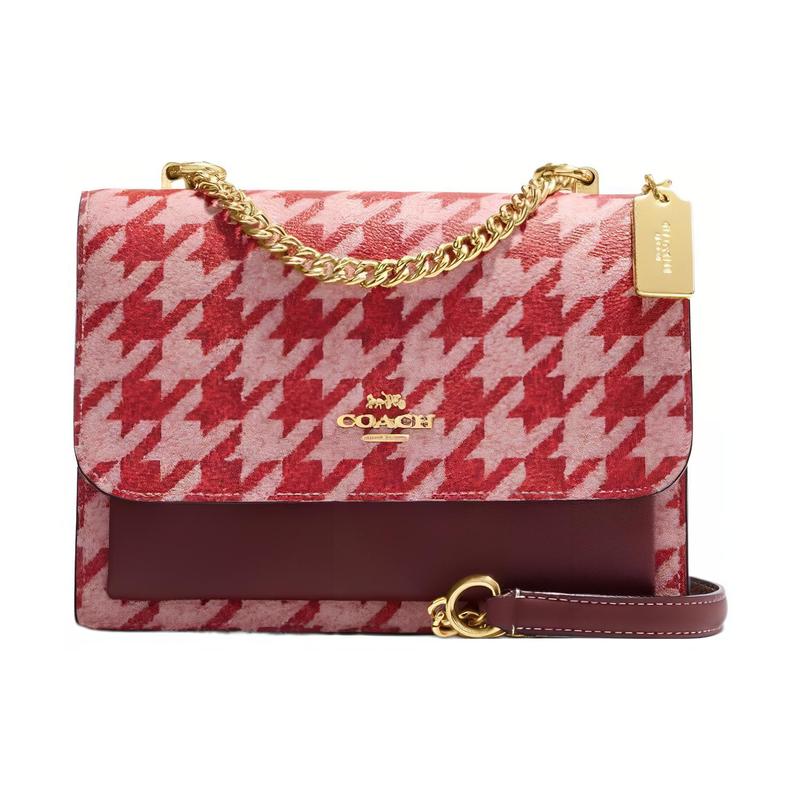 

COACH Klare 22 gold letter logo logo printed plaid chain flap leather square bag hand shoulder bag women s red золотий