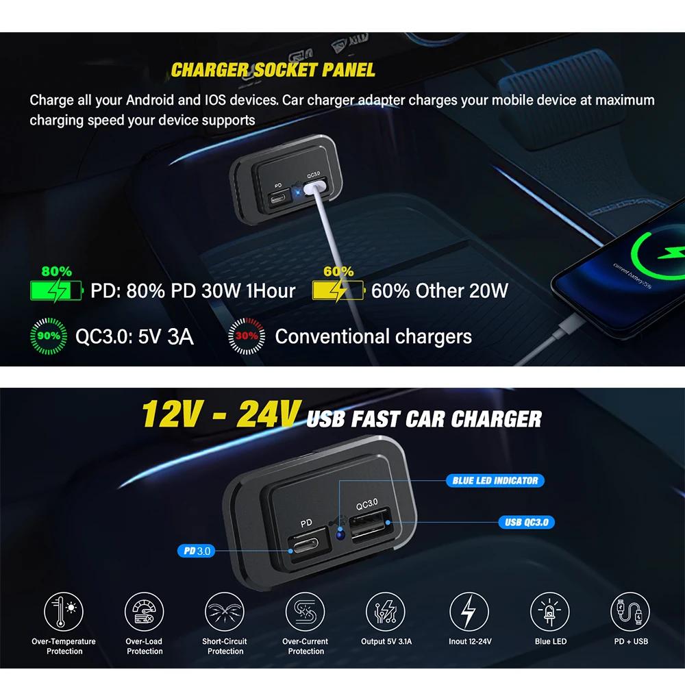 Socket Panel 12V 24V Dual USB Outlet PD Type C QC3.0 Surface Mount with LED Light for Automotive RV Marine Boat Motorcycle Truck