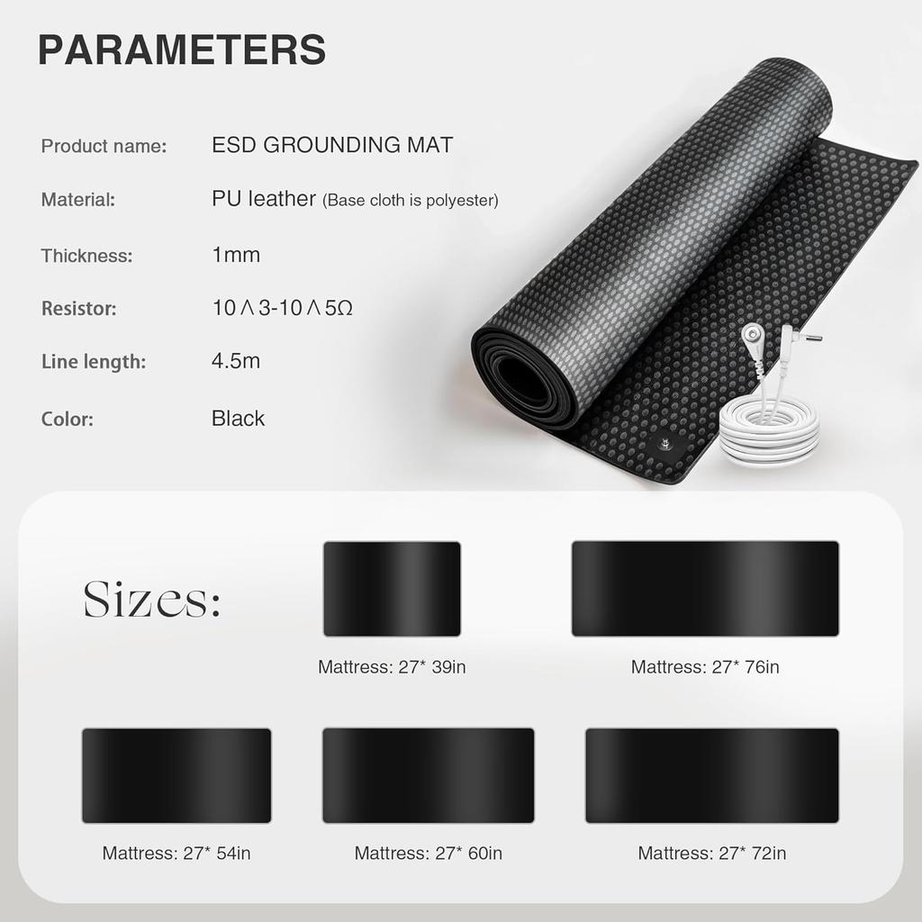 Grounding Mat for Bed, Grounding Pad for Sleep, Anti-Slip PU Leather Grounding Mattress with Grounding Cord, 27''×60‘’, Queen