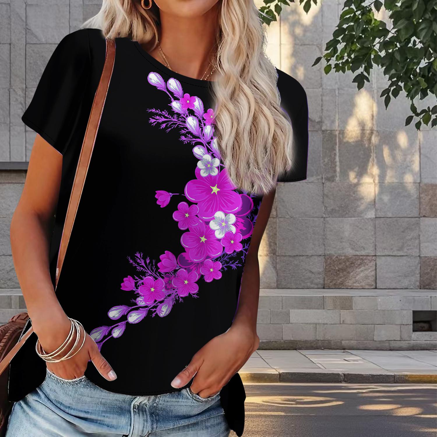 

Женская летняя футболка с цветочным принтом в стиле ретро, футболки с коротким рукавом, повседневные топы с принтом 8XL розовый