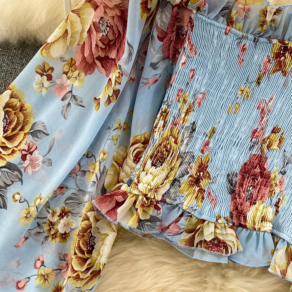 Fashion Set Women's  Long Sleeve Square Neck Slim Fit Chiffon Shirt 2 Two Pieces Suits Sets High Waist Slim Wide L