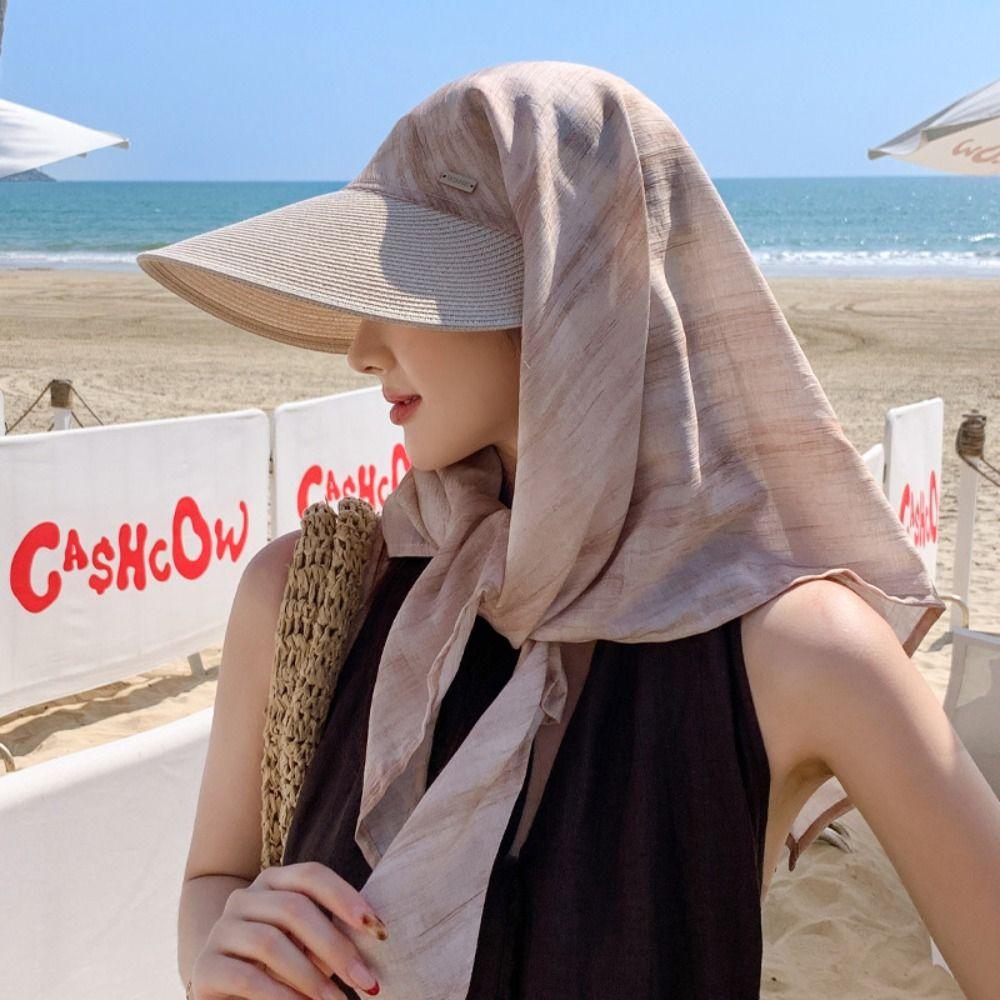Print Summer Sun Hat Wide Brim Strappy Scarf Hat Portable Scarf Baseball Cap Girl