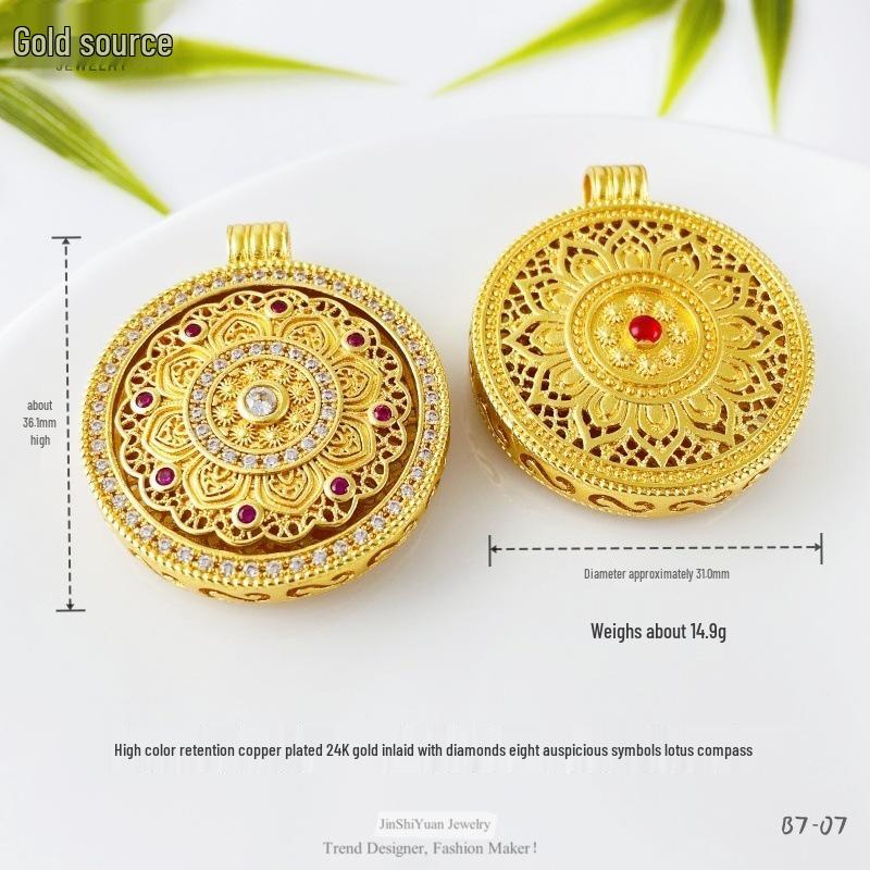 

Gold-Inlaid Diamond Lotus Compass Pendant Necklace with Eight Auspicious Symbols - New Chinese Style Sweater Chain