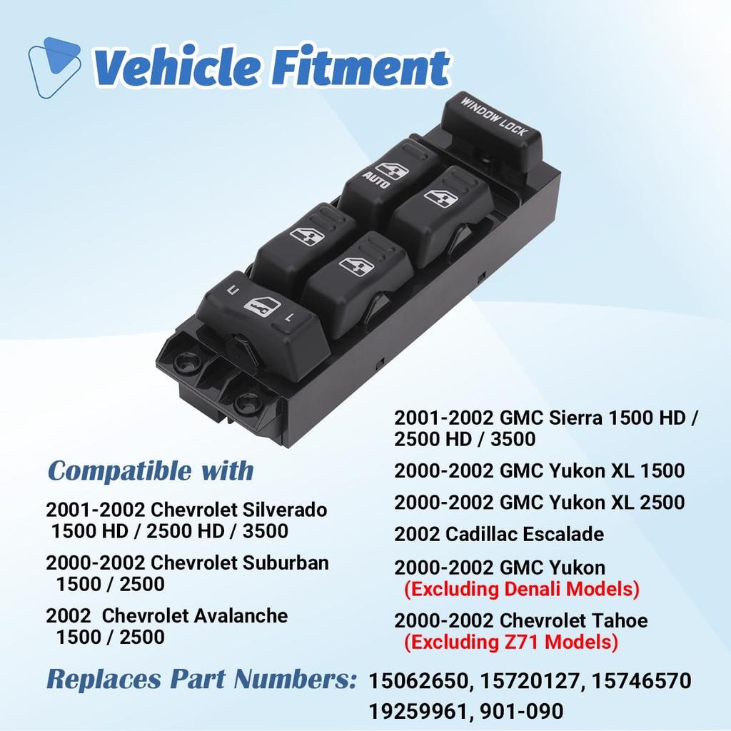Fensterheberschalter Bedienknopf Fahrerseite Kompatibel mit 2000-2002 Chevrolet Chevy Tahoe Silverado Suburban Avalanche GMC Yukon Sierra 1500