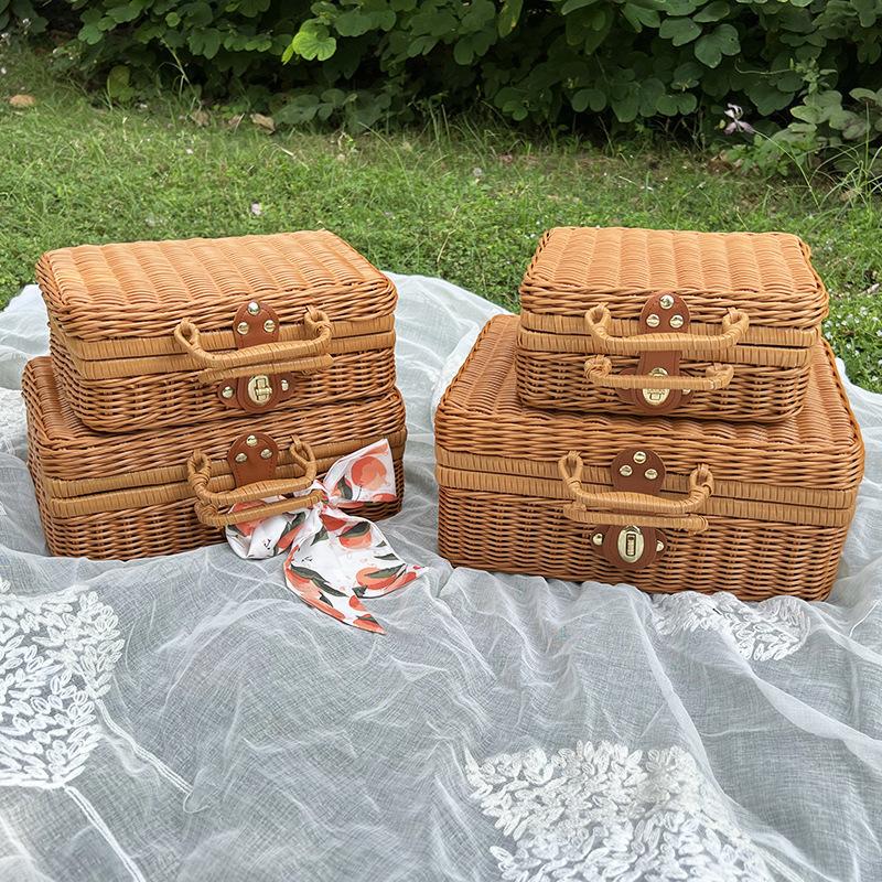 Imitation Rattan Woven Storage Box Vintage Handwoven Case Home Storage Basket Retro Style Decorative Suitcase Hand Gift Box