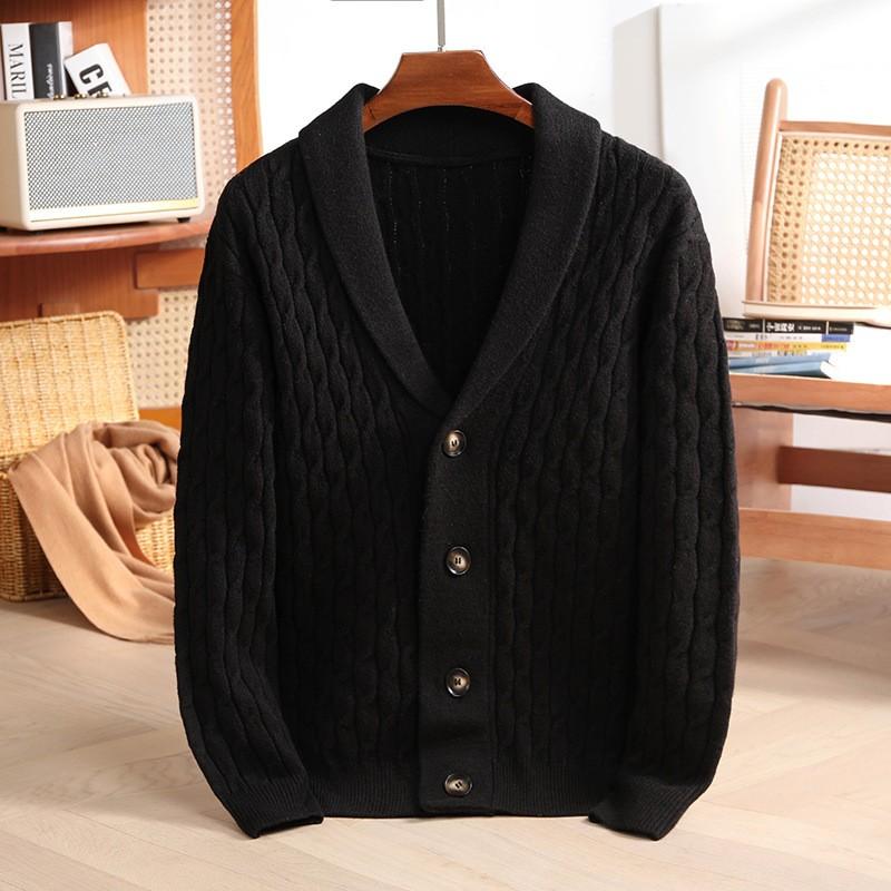 Men's Solid-Color Casual Thick Wool Knit Cardigan for Fall and Winter