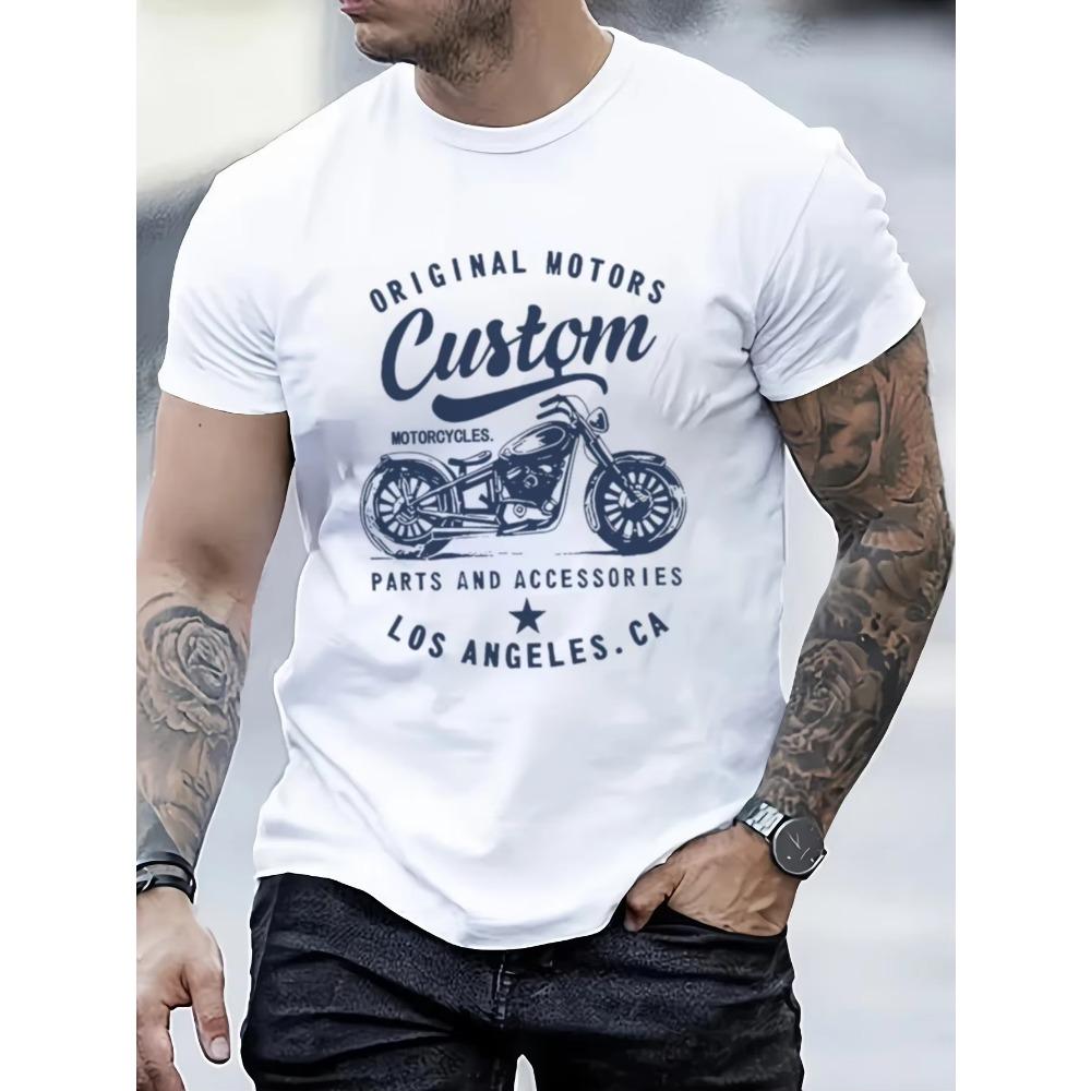 Men's 100% cotton fashionable casual loose oversized retro motorcycle pattern printed round neck short sleeved t-shirt