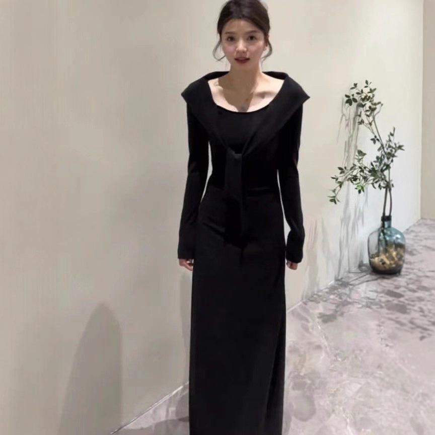 Korean wear lace-up shawl long-sleeved dress women's clothing autumn is very beautiful, waist and thin hip skirt long dress
