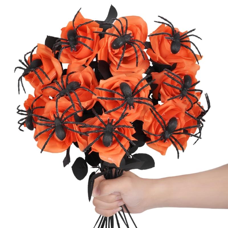 Silk Black Spiders Rose Bouquets Flexible Stalk Floral Arrangement Decoration For Halloween Weddings Event