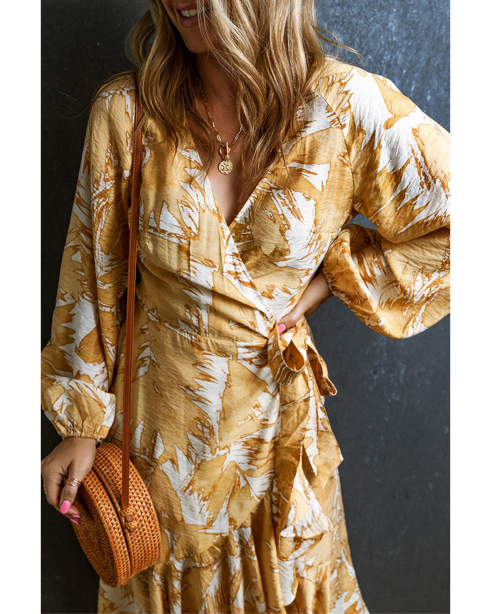 

Azura Exchange Yellow Floral Bubble Sleeve Wrap Dress M жовтий