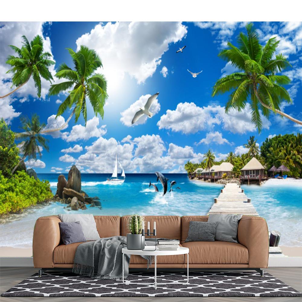 

Beach Mural Blue Sky Wallpaper Beach Coconut Tree Seaview 3d Wall Papers Living Room Bedroom Home Decor 200 cm(W) x 140 cm(H)