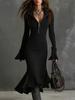Autumn Fashion New Elegant Style Zipper Stand Collar Bell Sleeve Knit Mermaid Tail Dress