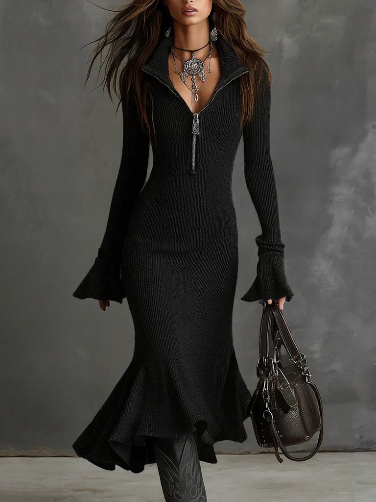 Autumn Fashion New Elegant Style Zipper Stand Collar Bell Sleeve Knit Mermaid Tail Dress