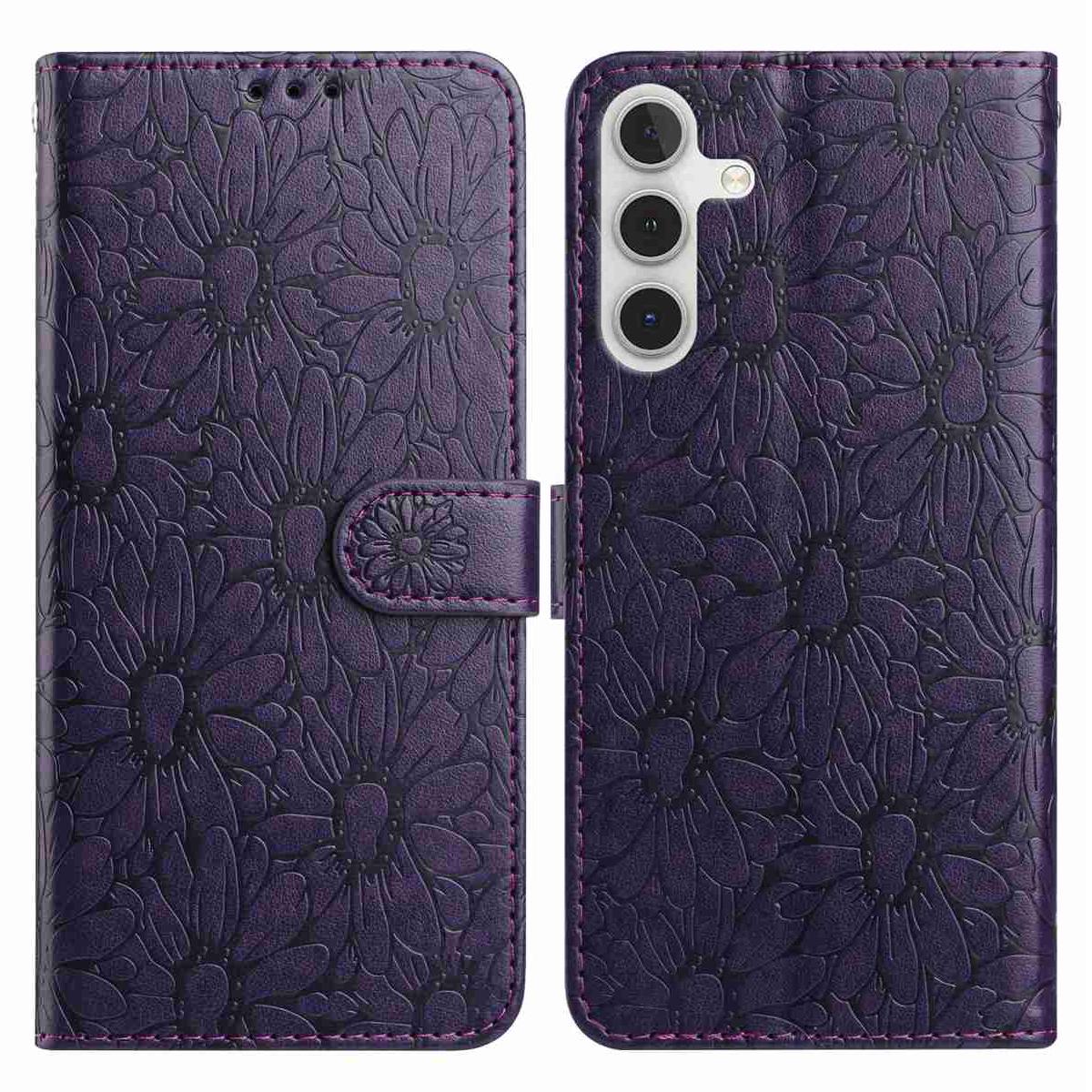 

Для Samsung Galaxy A26 5G Шкіряний чохол з відбитком ромашки Гаманець Підставка Захисний чохол для телефону Dark Purple