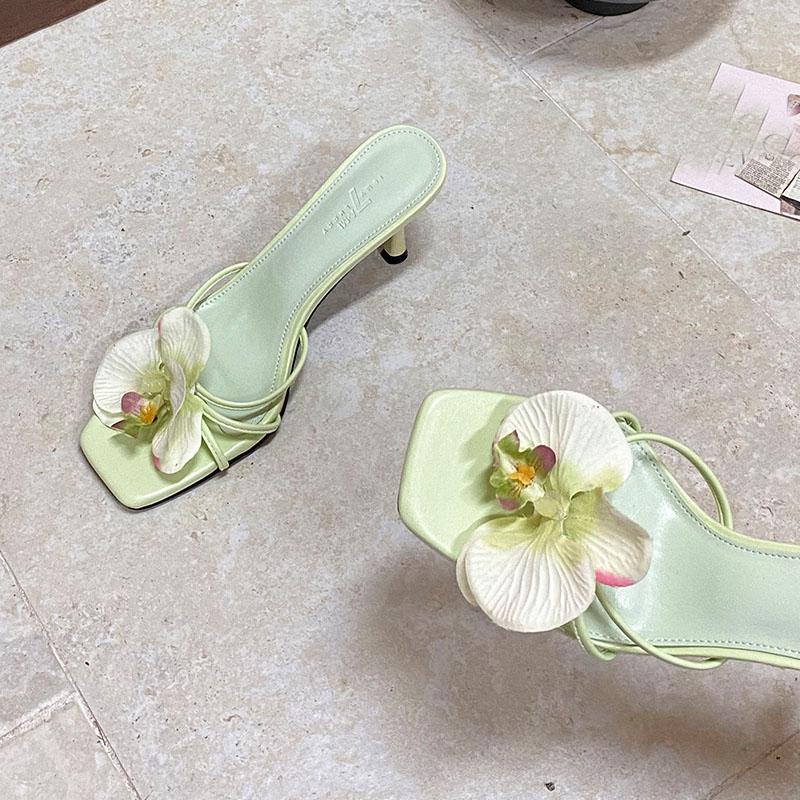 Fashion Female Slip On Footwear Square Toe Ladies High Heels Pumps Slides Shoes Luxury Fashion Flower Women Thin Heels Shoes 2025 New