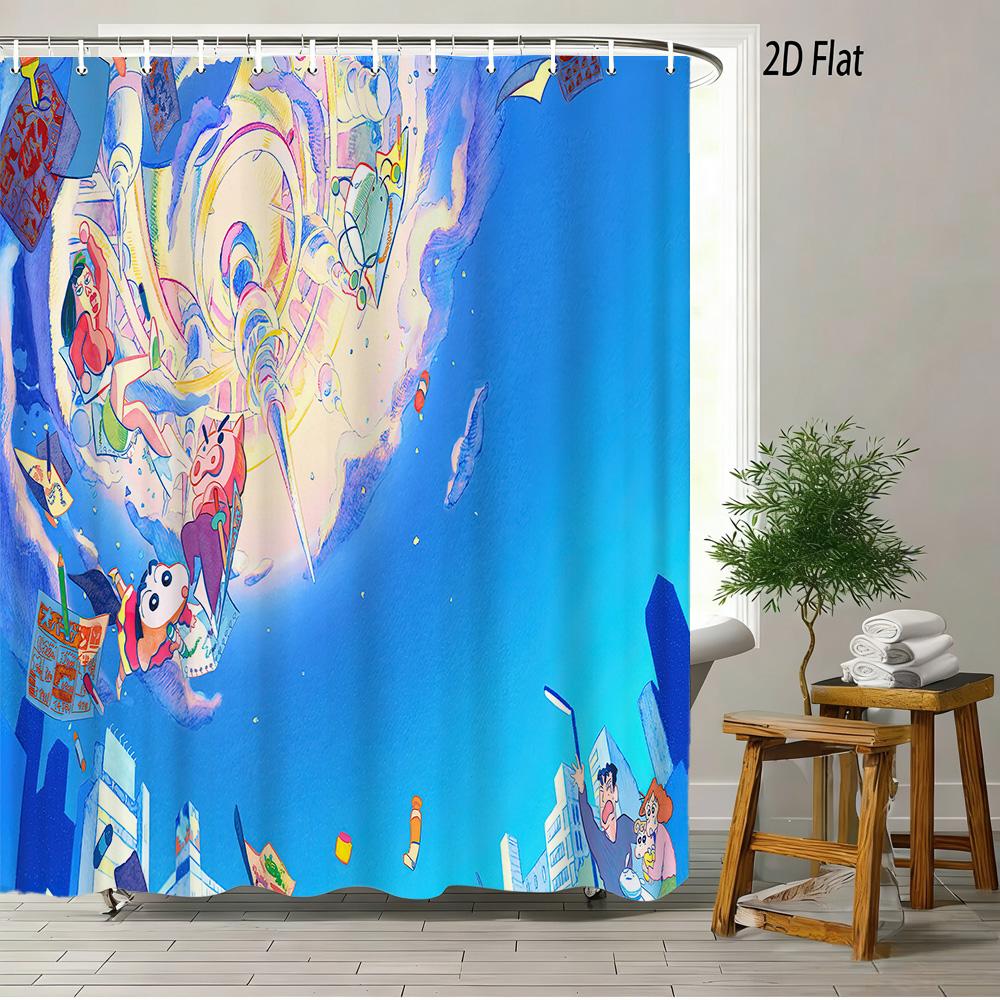 Crayon Shin-Chan The Movie Ora To Hakase No Natsuyasumi 2D Print Waterproof Shower Curtain, Blue Anime Bathroom Decor With Hooks