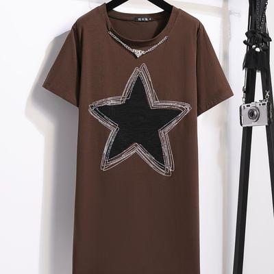 Summer Plus Size Women's T-shirt Loose Round Neck Fashion Star Medium Long Short Sleeve Top