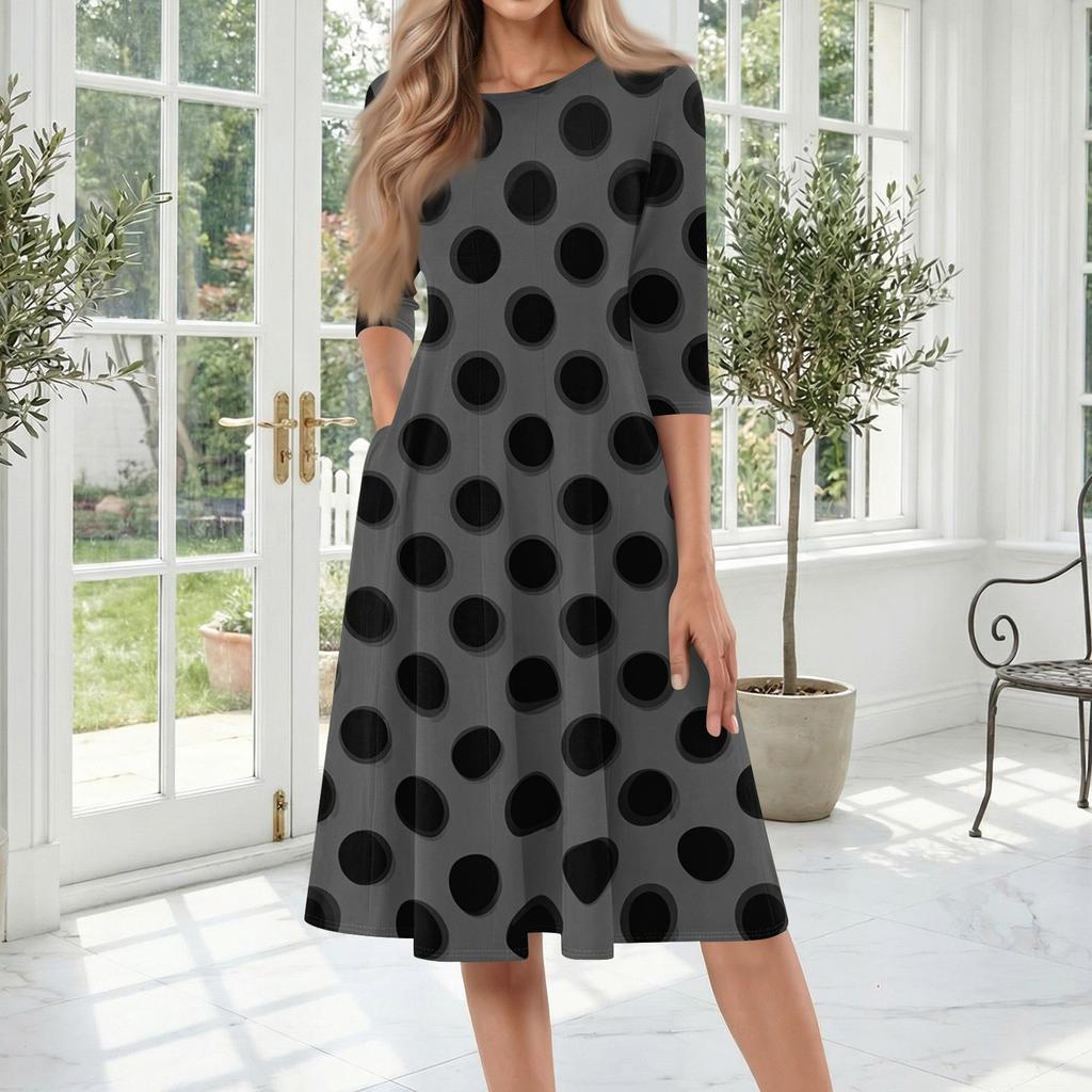 Damen Lässiges Rundhals-Midi-Kleid mit Dreiviertelärm und Polka-Dot-Print Entspannte Passform Weiches Material Bequemer Stil