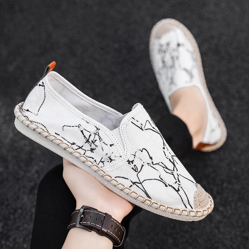 2024 New Classic White Men's Fisherman Loafers Fashion Print Canvas Shoes Man Flats Espadrilles Breathable Male Summer Footwear