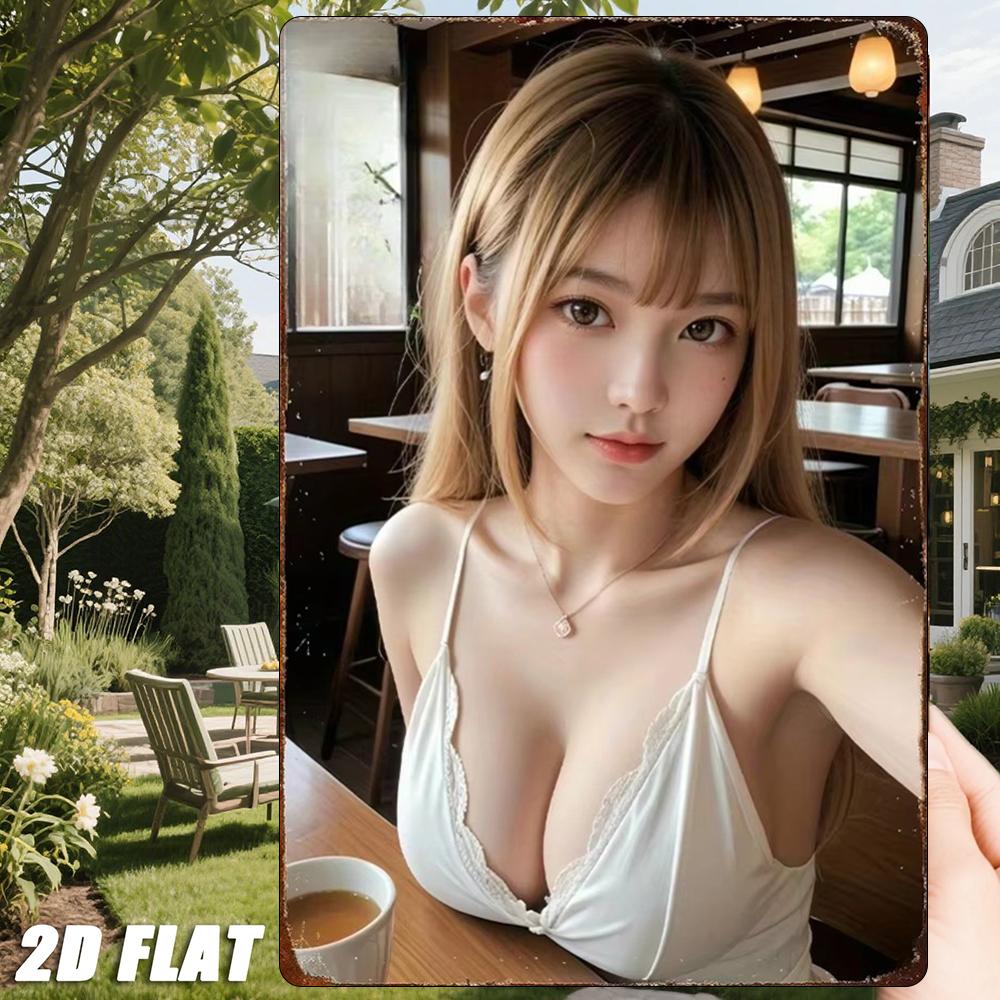 

HD Metal Tin Sign Beautiful Asian Girl in White Lace Cami Posing in Cafe Vintage Wall Art Decor for Home Bar Man Cave Retro Meta 20x30cm（7.8x11.8inch）