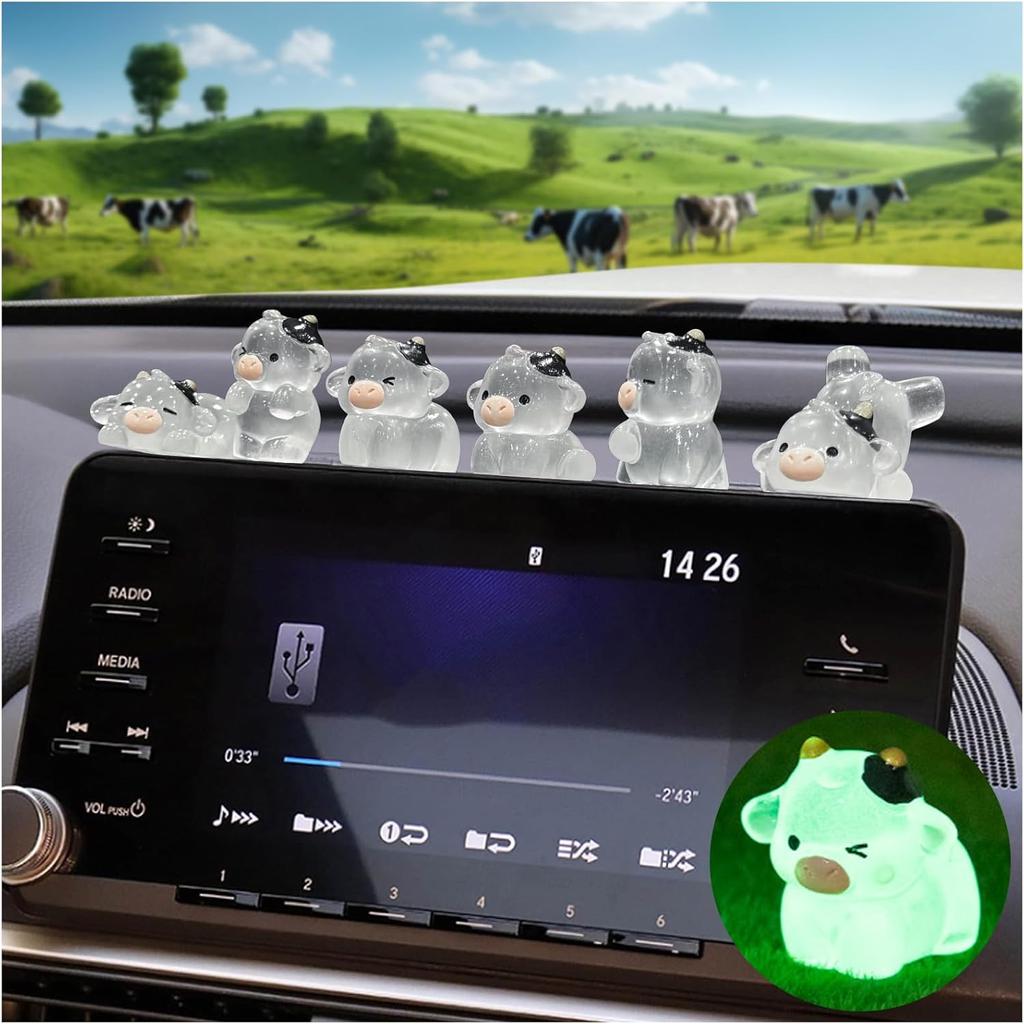 6Pcs Cute Luminous Cow Car Dashboard Decor Set- Cars Rearview Mirror/Dashboard/Touchscreen Top Funny Adorable Auto Rear View Mini Cows Ornament, Cars