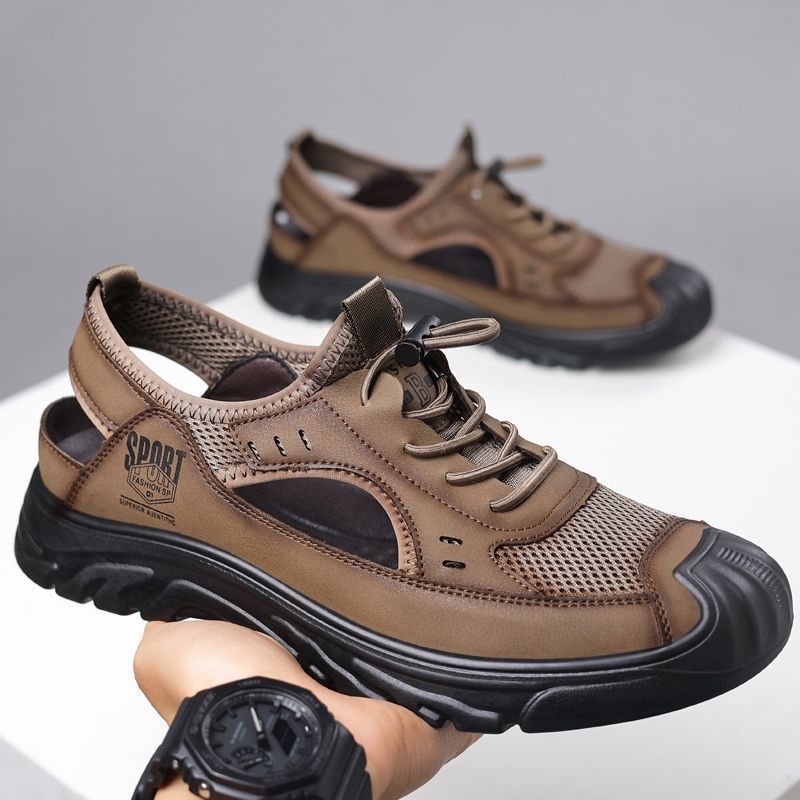 Trendy Breathable Leather Sandals Genuine Leather Men'S Soft Leather Light Bottom Hollow Casual Shoes Mesh Hole Shoes