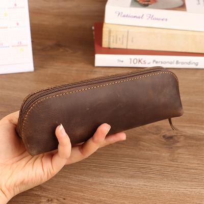 Bolsa de lápices de cuero Vintage, estuche de bolígrafo Simple, bolsa de almacenamiento con cremallera, caja de gafas, suministros escolares