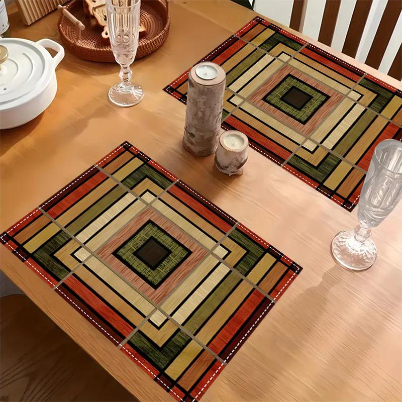 4-Pack Linen Placemats, 12x18 Inch Rectangular Table Mats, Abstract Geometric Stripe Design, Machine Washable Dining Decor for Home, Kitchen, Party