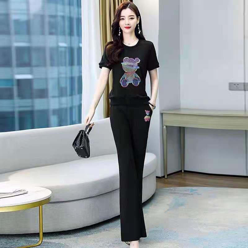 

Женский модный повседневный спортивный комплект из 2 предметов, летние стильные утягивающие брюки-клеш, модные комплекты XS чёрный