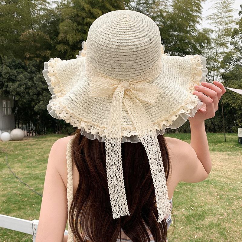 Summer Bow Sun Hat Female, Seaside Beach Vacation Sun Hat Outdoor Big Brim Sun Hat Sweet Straw Hat