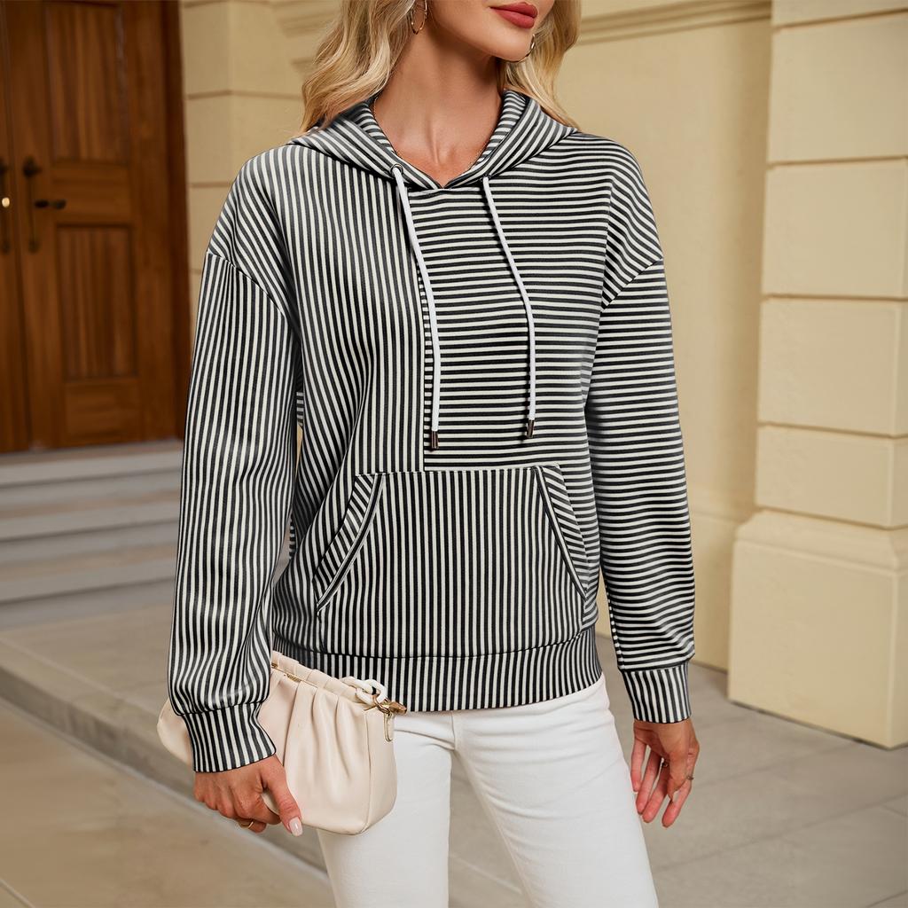 Women's Striped Long Sleeve Hoodie Casual Loose Fit with Pocket Pullover Top